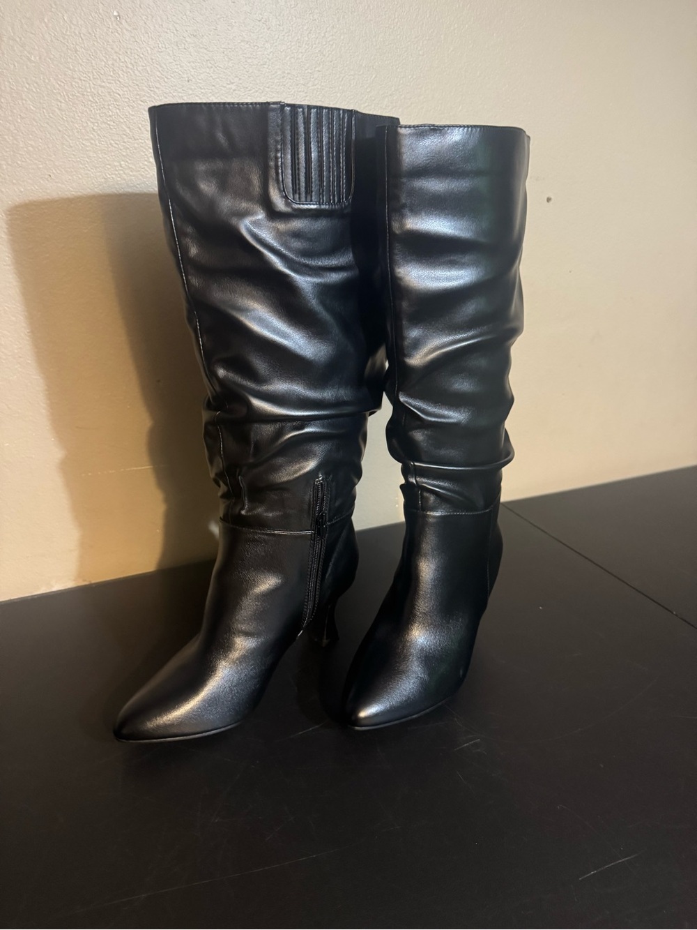 City Chic, Size 10W, Knee High, Lisa, Black Faux Fur Leather 3in Boot Heels. New